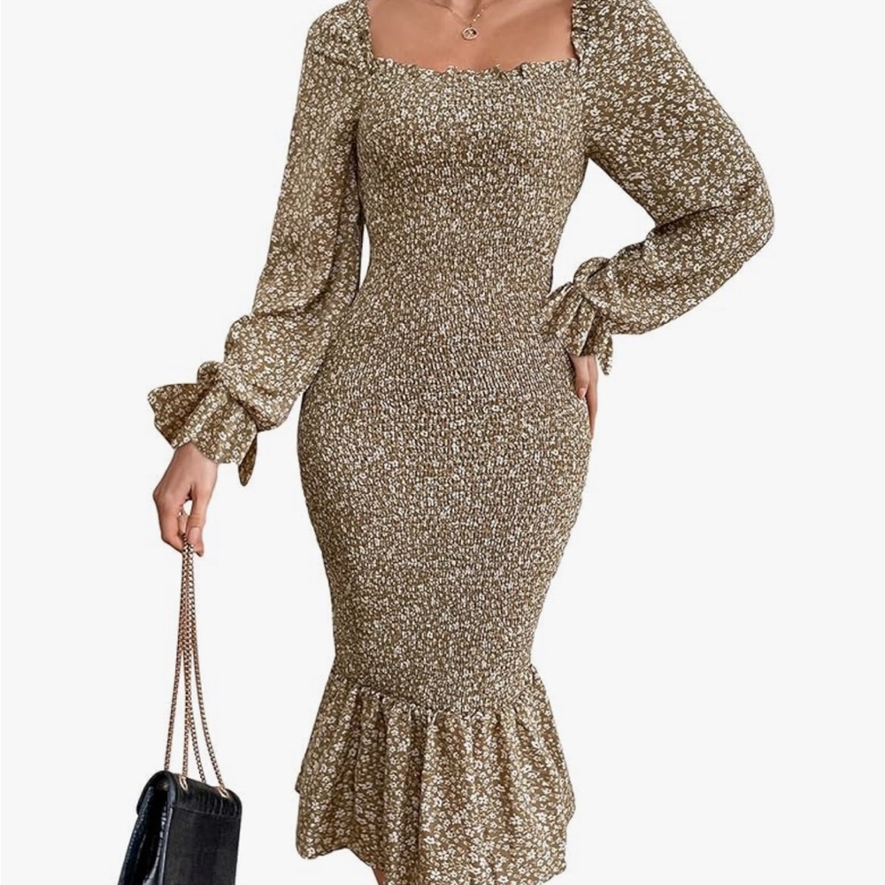 Brown smocked midi dress